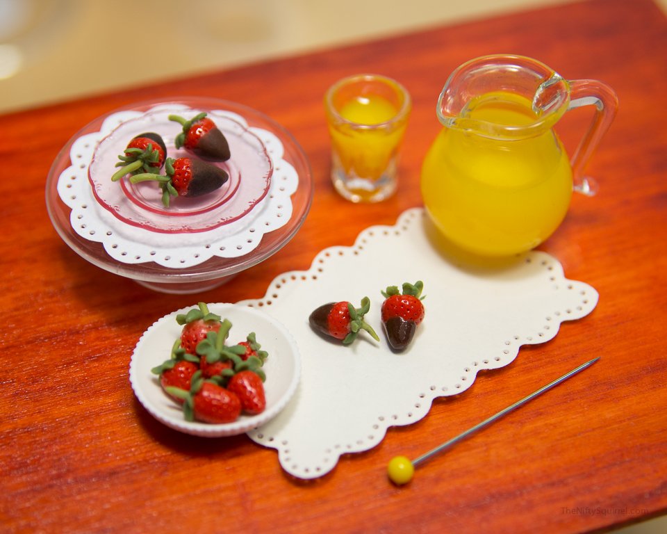 1:2 scale miniature chocolate strawberries and orange juice